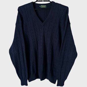 Vintage Greenwich Cable-Knit V-Neck Sweater Blue Men's XL Pullover Long-Sleeve